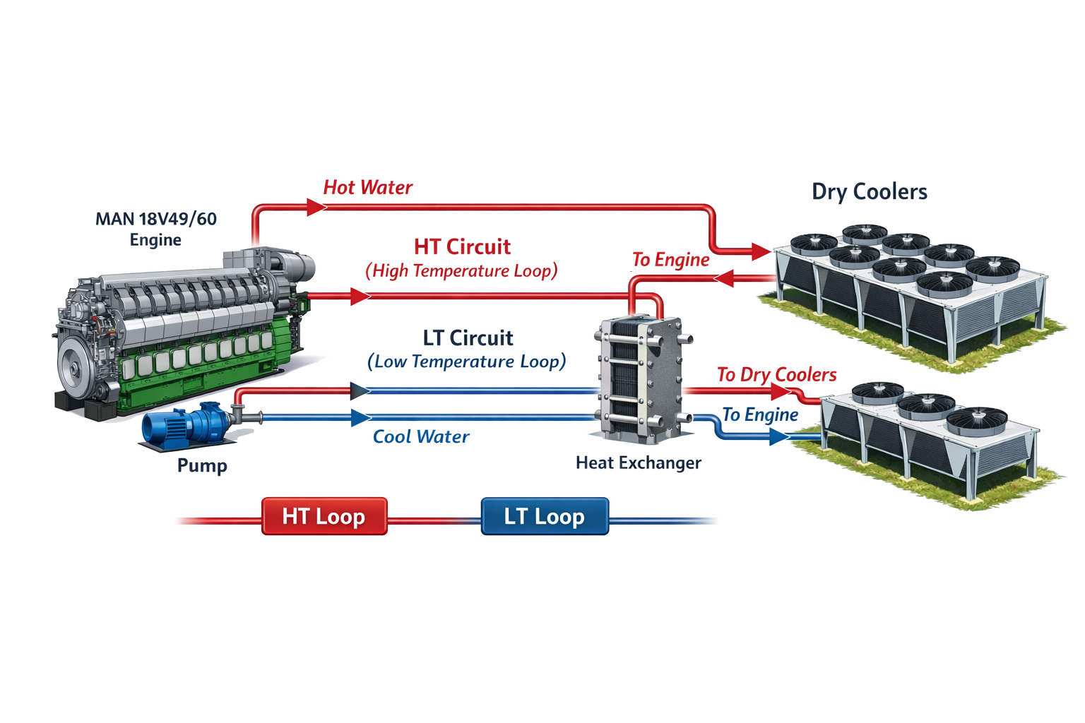 MAN 18V48/60 engine cooling system with dry cooler radiator for power plant generator cooling