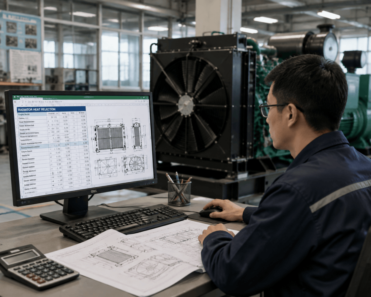 Engineer reviewing radiator heat rejection calculations for a generator project