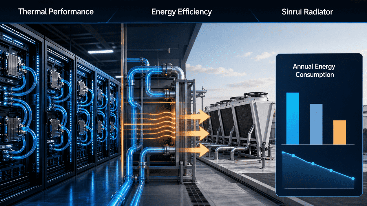Visual comparison of thermal performance and annual energy consumption for data-center dry-cooling solutions.