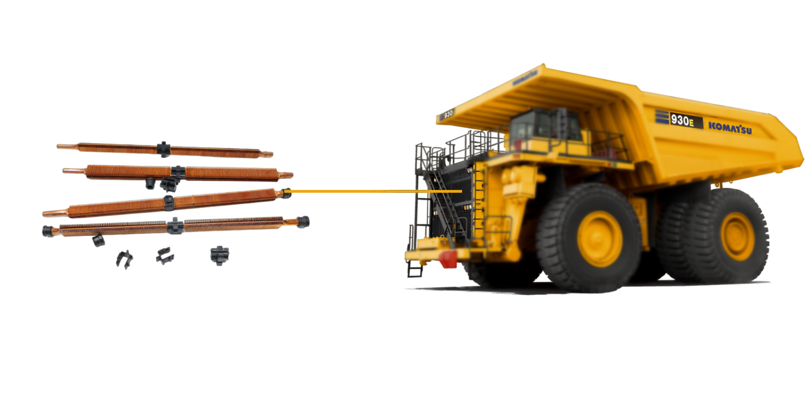 copper fin-tube radiator installed in Komatsu 930E haul truck,