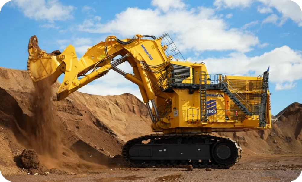 Komatsu PC9000 mining excavator side view operating in open-pit site