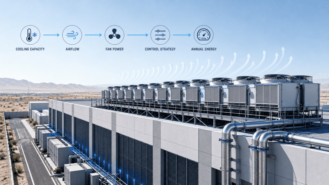 Outdoor——>mounted dry coolers for data——>center cooling with energy——>flow logic diagram overlay