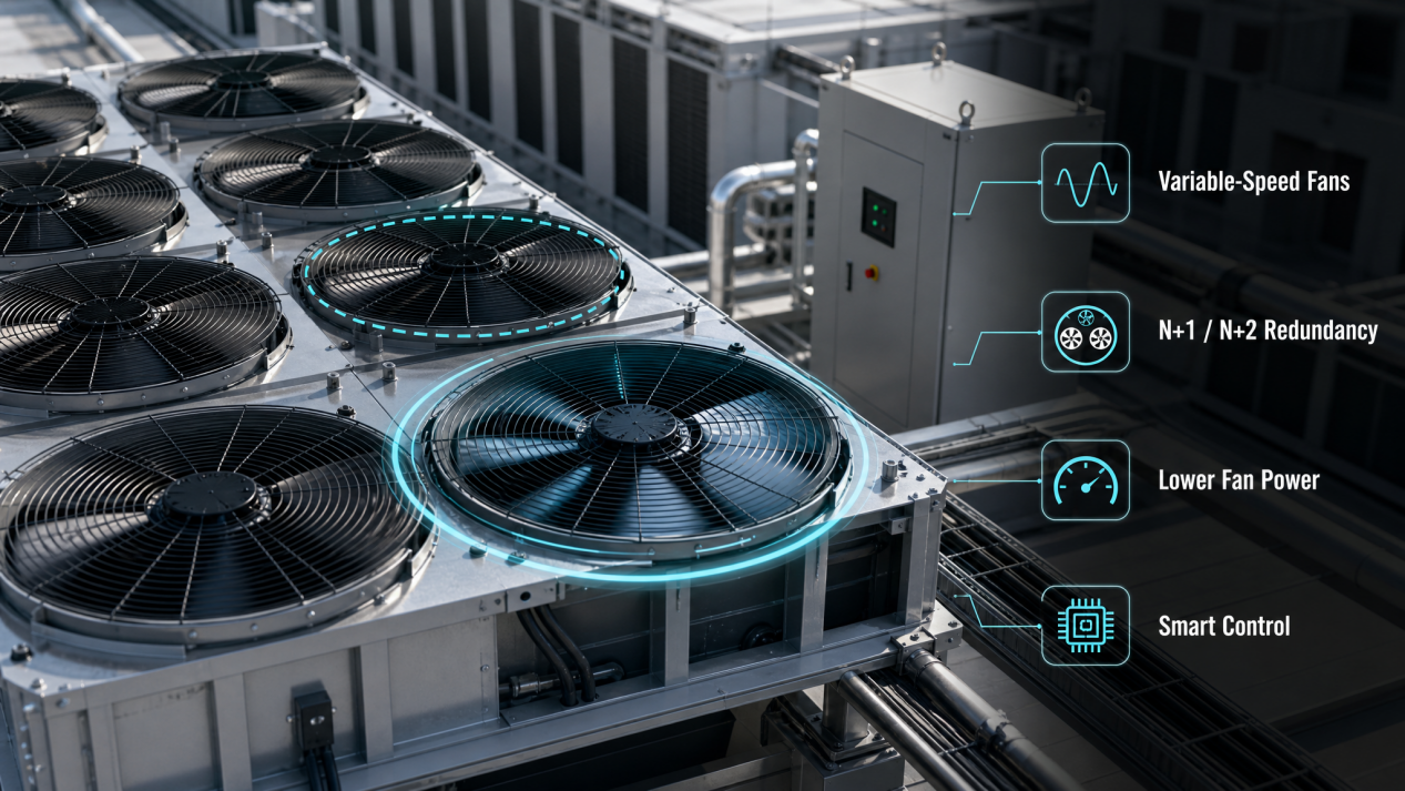 Close-up&nbsp;view of dry-cooler&nbsp;fan&nbsp;assembly highlighting key&nbsp;performance-optimization features
